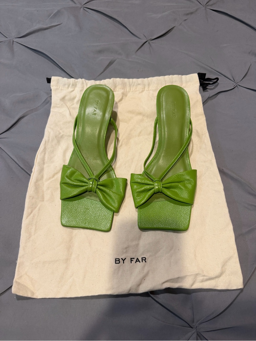 BY FAR Chartreuse Bow Square-Toe Slide Sandals